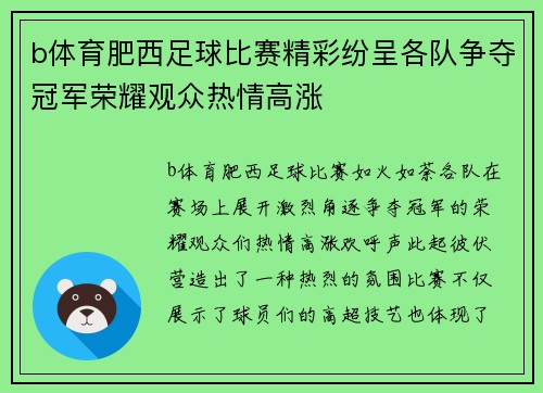 b体育肥西足球比赛精彩纷呈各队争夺冠军荣耀观众热情高涨