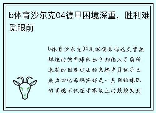 b体育沙尔克04德甲困境深重，胜利难觅眼前