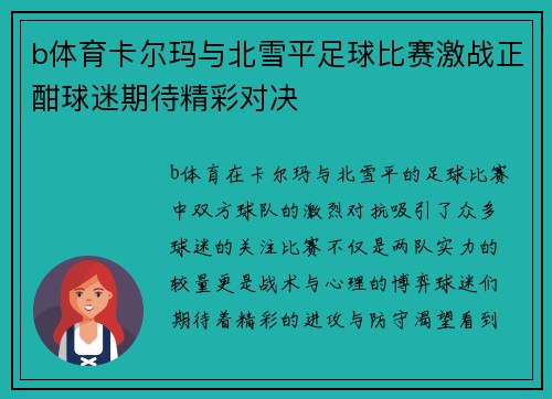 b体育卡尔玛与北雪平足球比赛激战正酣球迷期待精彩对决