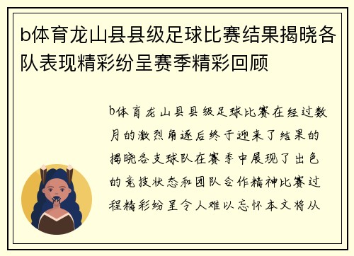 b体育龙山县县级足球比赛结果揭晓各队表现精彩纷呈赛季精彩回顾