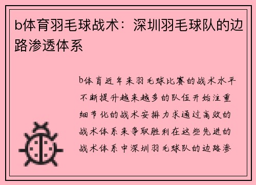 b体育羽毛球战术：深圳羽毛球队的边路渗透体系